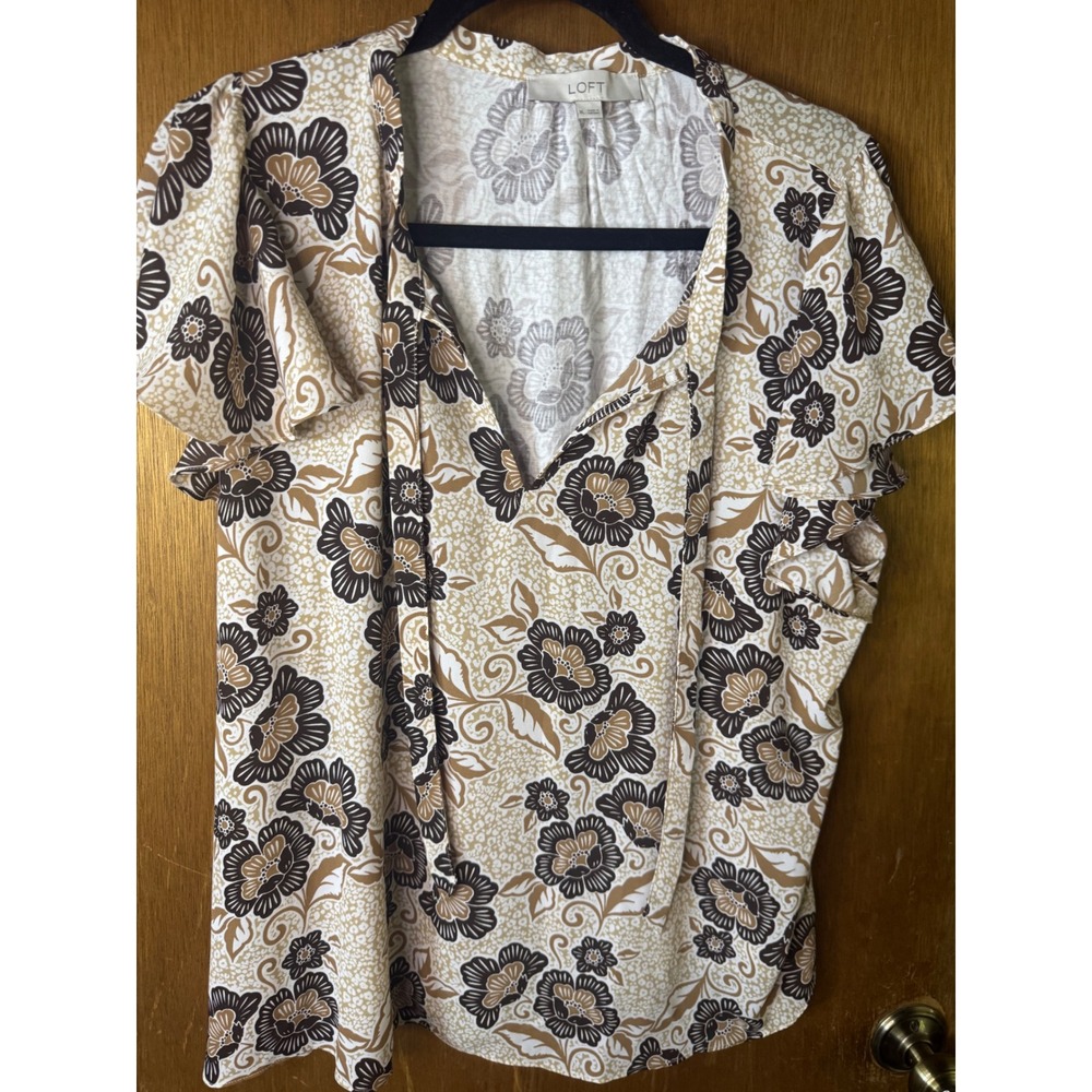 Loft Womens XL Floral Flutter Sleeve Tie Neck Blouse Brown Tan Cream Top
